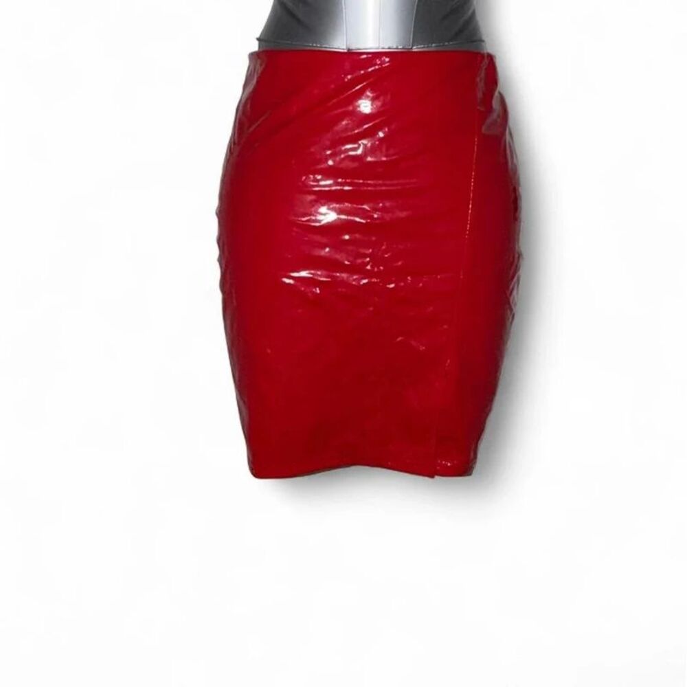 Red faux latex pencil skirt